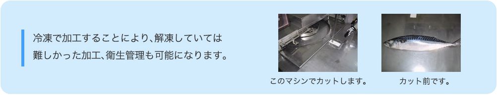 冷凍で加工することにより、解凍していては 難しかった加工、衛生管理も可能になります。